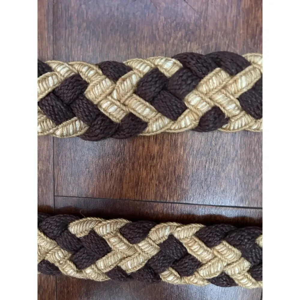 Vintage Braided Fiber and Leather Woven Belt in Brown and Tan with Metal Buckle